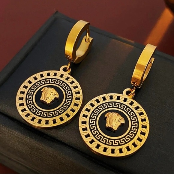 3FJ: FASHION Electroplated Copper Gold Tone & Black Earrings, NIP - Picture 1 of 5